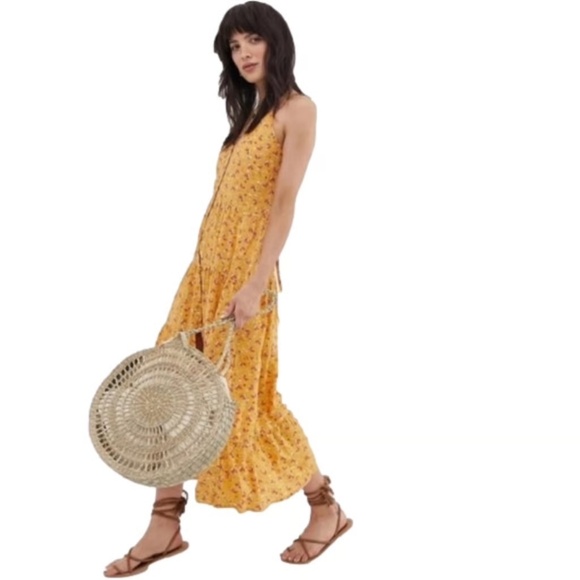 Band of Gypsies Yellow Button Front Tiered Vneck Floral Print Maxi Dress XS - Picture 4 of 5